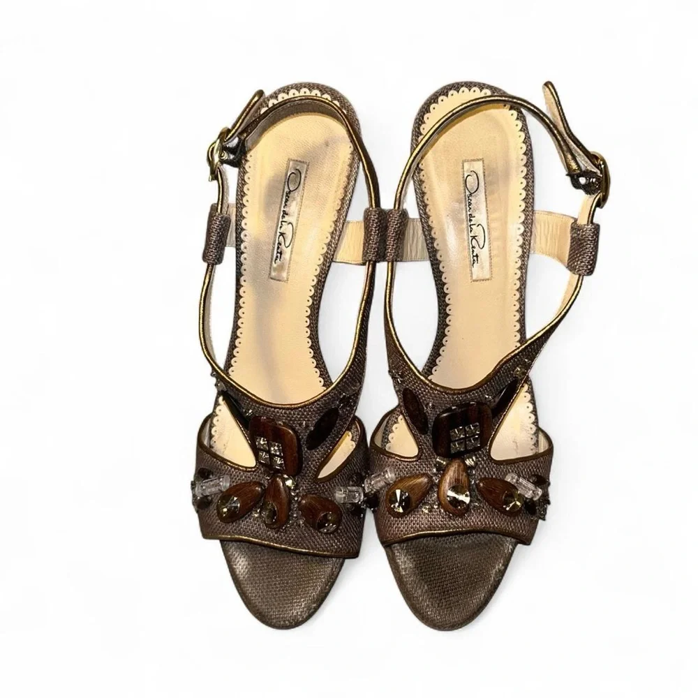 Oscar De La Renta Sz 40 Linen High Heel Sandal Beaded Rhinestone Embellished